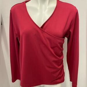 Blouse top shirt bright red long sleeve wrap front V-neck sheared side, medium
C